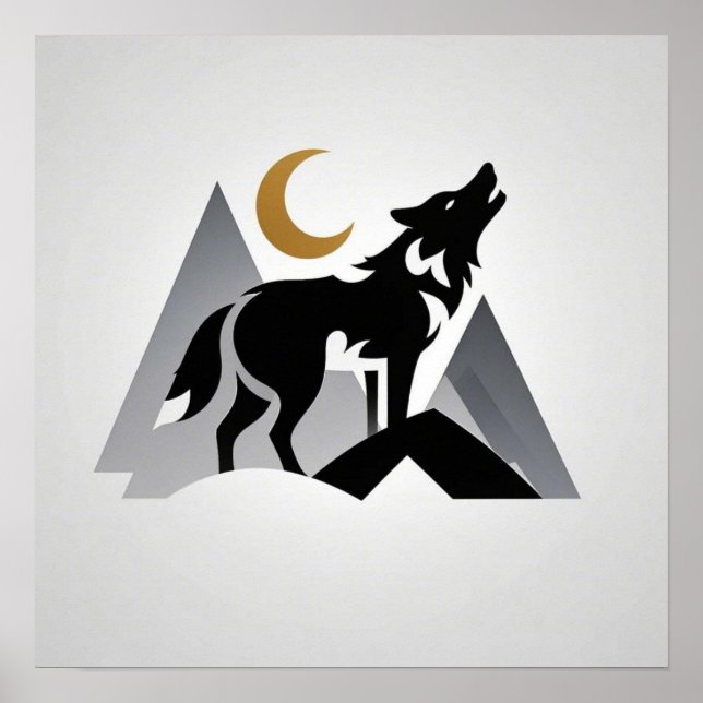 Poster Silhouette de loup lisse hurlant croissant de lune (Devant)