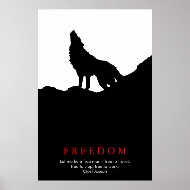 Poster Silhouette de loup noir et blanc sur une colline (Devant)