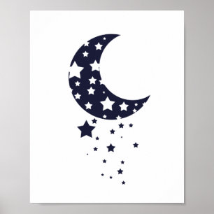 Poster Silhouette de lune et d'étoiles en bleu foncé