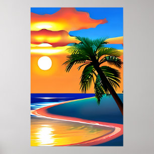 Poster Silhouette de palmier et coucher de soleil coloré