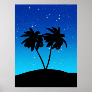 Poster Silhouette de palmier sur Bleu du soir avec étoile