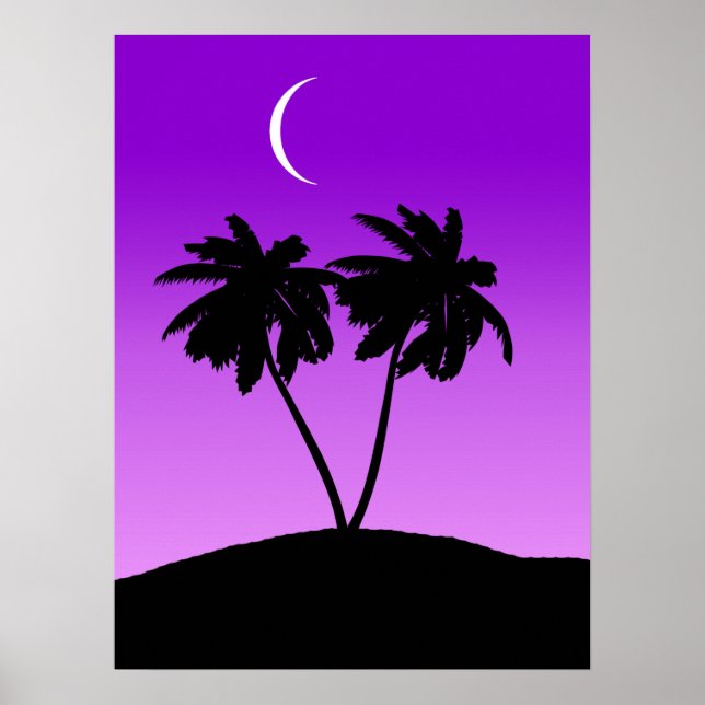 Poster Silhouette de palmier sur Twilight violet (Devant)