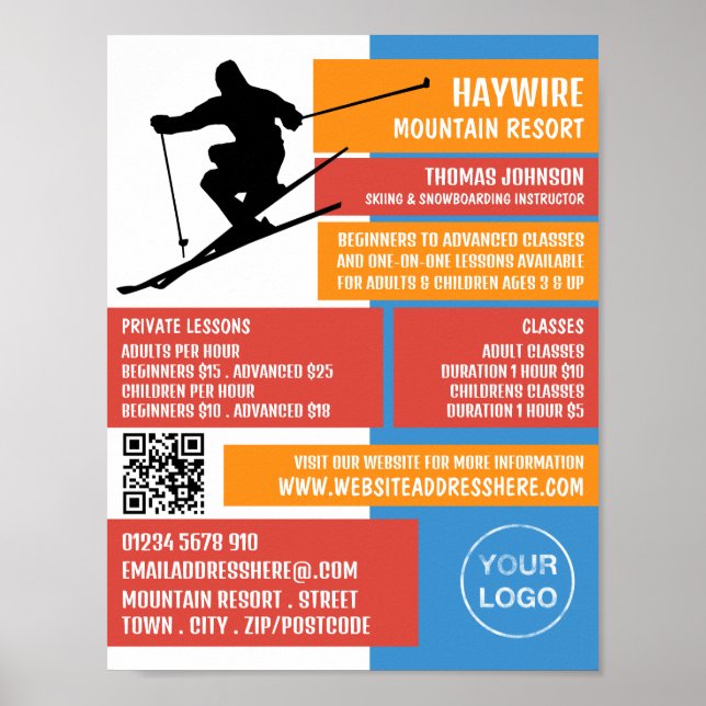 Poster Silhouette de skieur, leçons de ski/snowboard (Devant)