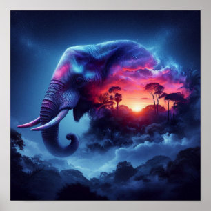 Poster Silhouette d'éléphant fusionnée avec coucher de so