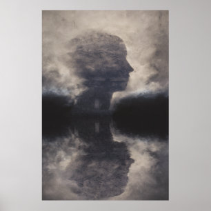 Poster Silhouette devant un visage de brume colossal