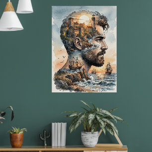 Poster Silhouette d'homme à l'aquarelle avec double expos