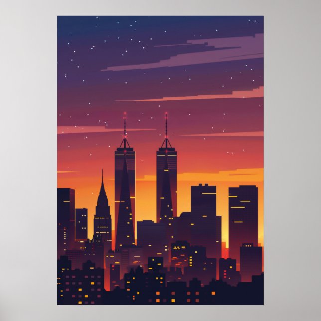 Poster Silhouette du coucher de soleil de Cityscape (Devant)