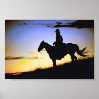 Poster Silhouette du coucher de soleil de cowboy occident