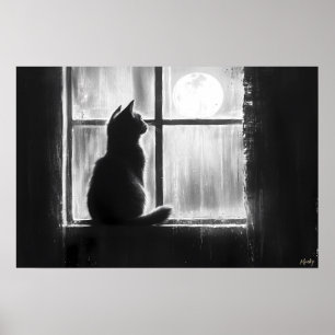 Poster Silhouette d'un chat près de la fenêtre au clair d
