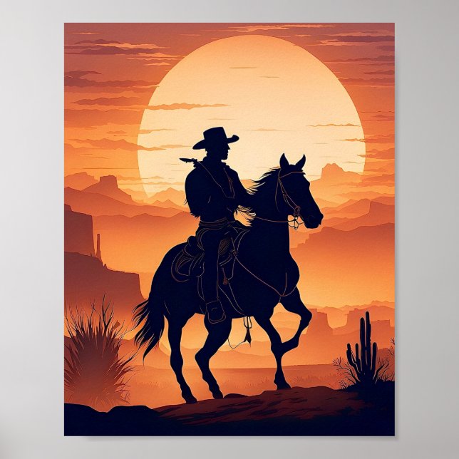 Poster Silhouette d'un cowboy à cheval dans le désert (Devant)