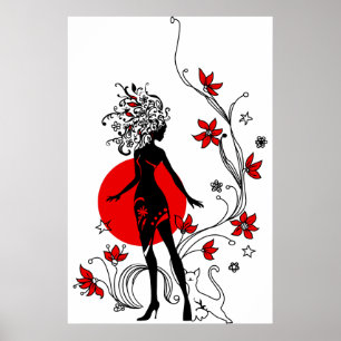 Poster Silhouette élégante femme élégante avec chat doux