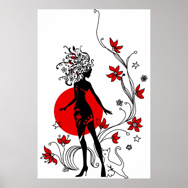 Poster Silhouette élégante femme élégante avec chat doux (Devant)