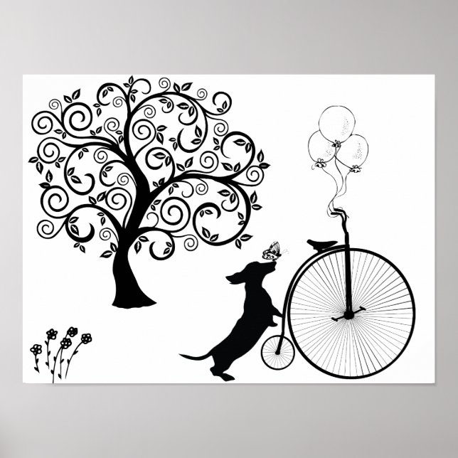 Poster Silhouette noire Dachshund Bicyart (Devant)