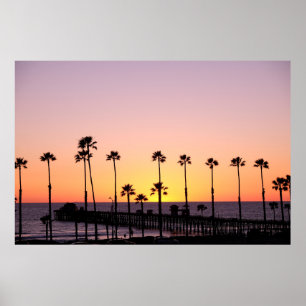 Poster Silhouette of palm trees and dock during sunset