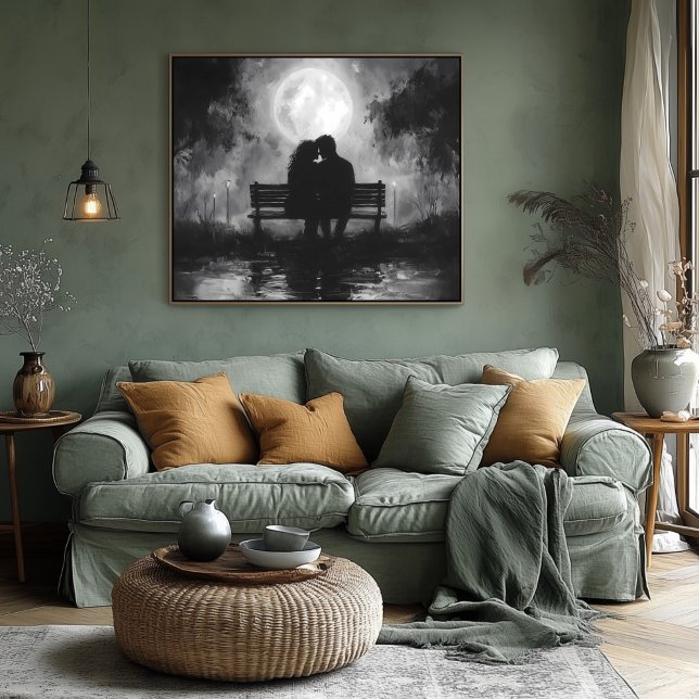 Poster Silhouette romantique au clair de lune sur un banc (Créateur téléchargé)