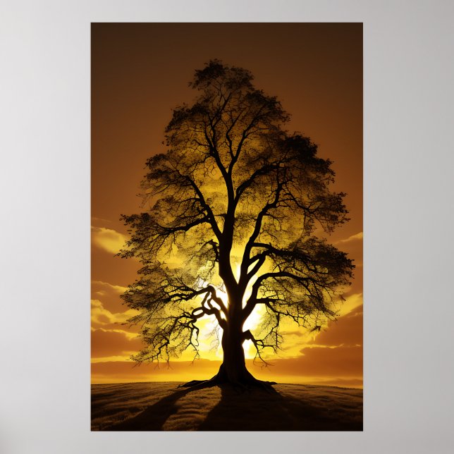 Poster Silhouettes de l'arbre du coucher du soleil (Devant)