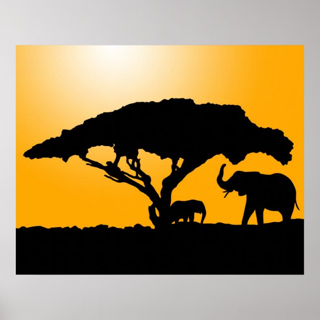 Poster Silhouettes d'éléphant à l'affiche du coucher du s (Devant)