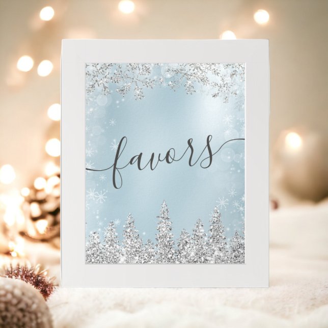 Poster Silver bleu neige pin favorise la douche nuptiale (Silver ice blue snow pine favors bridal shower poster)