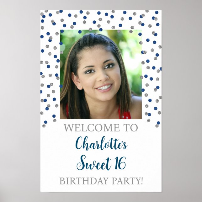 Poster Silver Blue Sweet 16 Anniversaire Personnalisé 12x (Devant)