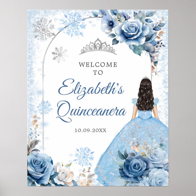 Poster Silver Blue Winter Snowflake Mis Quince Bienvenue (Devant)