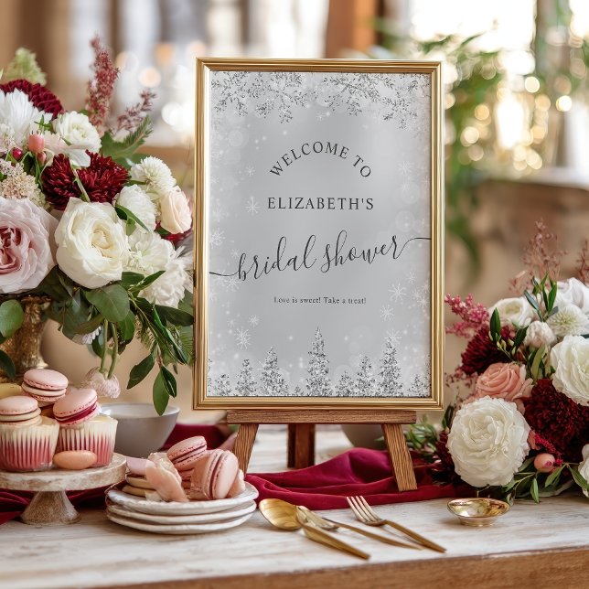 Poster Silver chic gray snow pine welcome bridal shower (Silver chic gray snow pine welcome bridal shower poster)