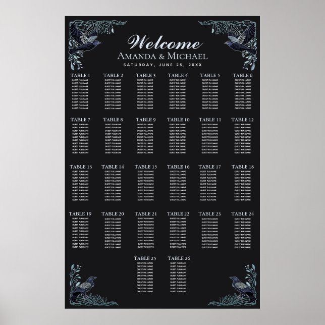 Poster Silver Gothic Raven Wedding Seating Chart (Devant)