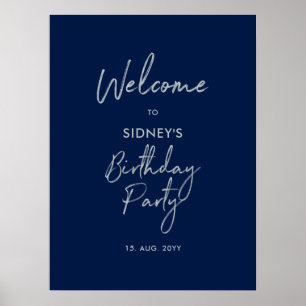 Poster Silver & Navy Blue Moderne fête d'anniversaire Bie