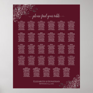 Poster Silver on Burgundy 29 Table Wedding Seating Chart