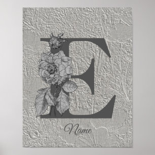 Poster Silver Peony Elegant Monogramme Initial E Votre No