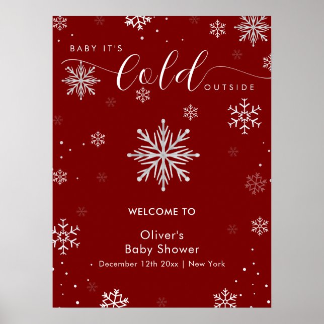 Poster Silver Red Magical Snowflake Baby Shower Welcome  (Devant)