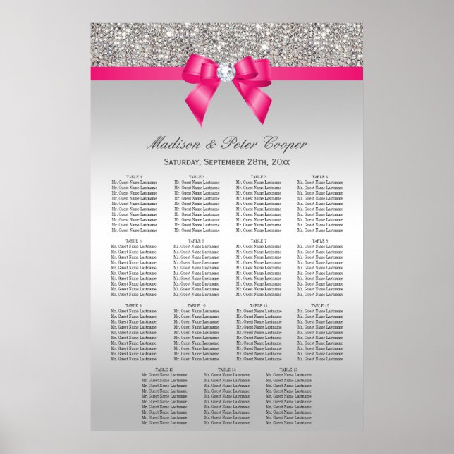 Poster Silver Sequins Pink Bow Wedding Seating Chart (Devant)