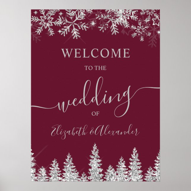 Poster Silver snow pine red Christmas winter wedding (Devant)