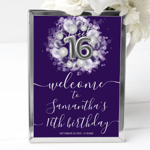 Poster Silver Sweet 16 Ballons Anniversaires violet Affic
