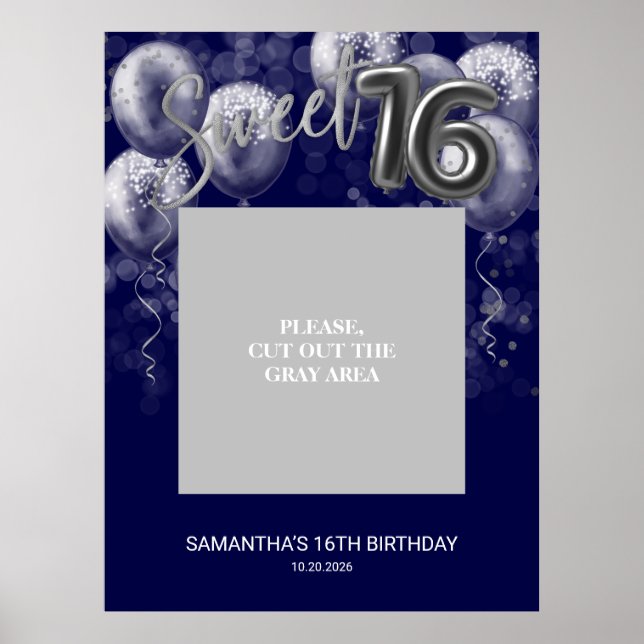 Poster Silver Sweet 16 Ballons Photo Prop Royal Blue (Devant)