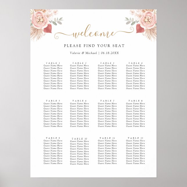 Poster Simple Boho Florals Wedding Seating Chart (Devant)