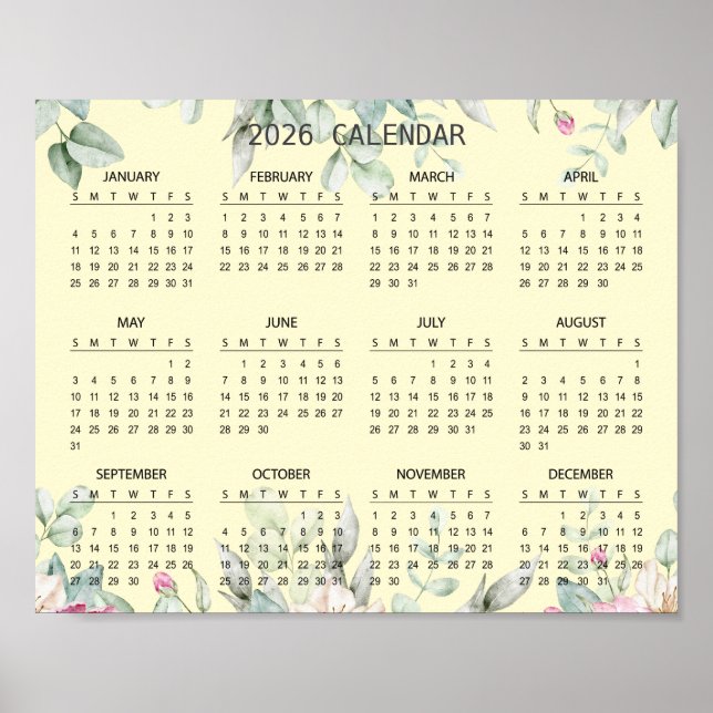 Poster Simple Elegant Floral Botanical 2026 Calendar |  (Devant)