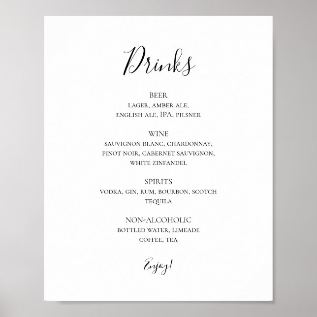 Poster Simple Élégant Mariage Boissons Menu Signer (Devant)
