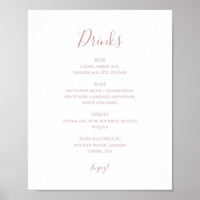 Poster Simple Elegant Rose Gold Mariage Boissons Menu Sig (Devant)