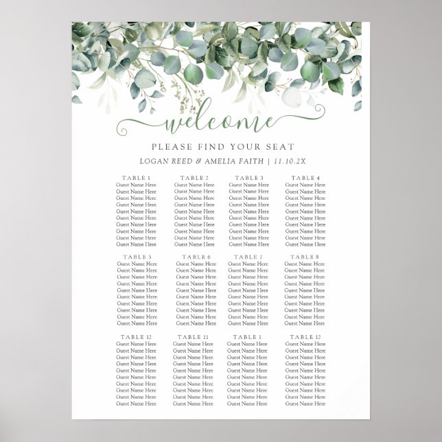 Poster Simple Eucalyptus Greenery Wedding Seating Chart (Devant)