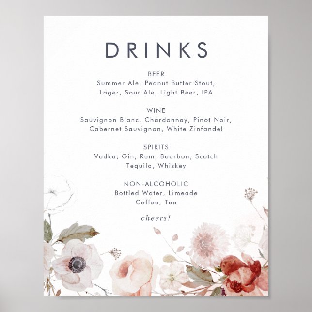 Poster Simple Floral Mariage Boissons Menu Signer (Devant)