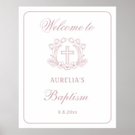 Poster Simple Floral Pink Cross Baptism Bienvenue