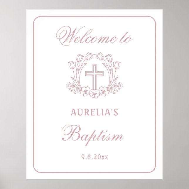 Poster Simple Floral Pink Cross Baptism Bienvenue (Devant)