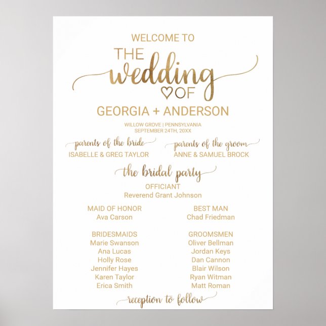 Poster Simple Gold Calligraphy Wedding Programme (Devant)
