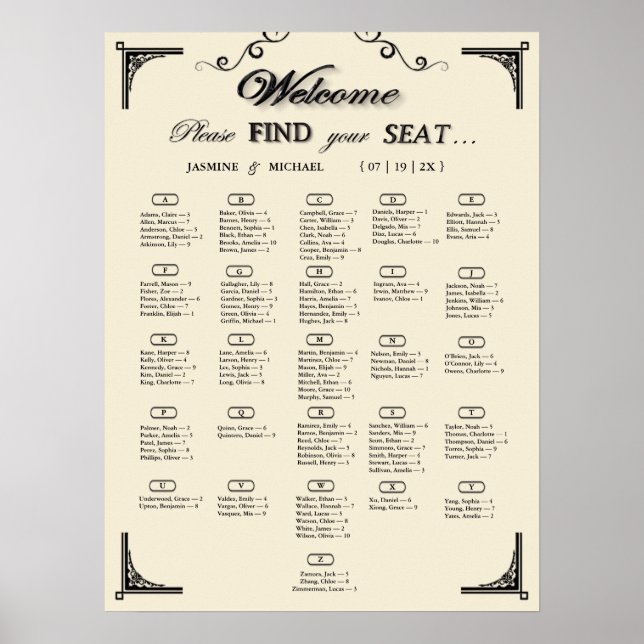 Poster Simple Ivory Alphabetical Wedding Seating Chart (Devant)