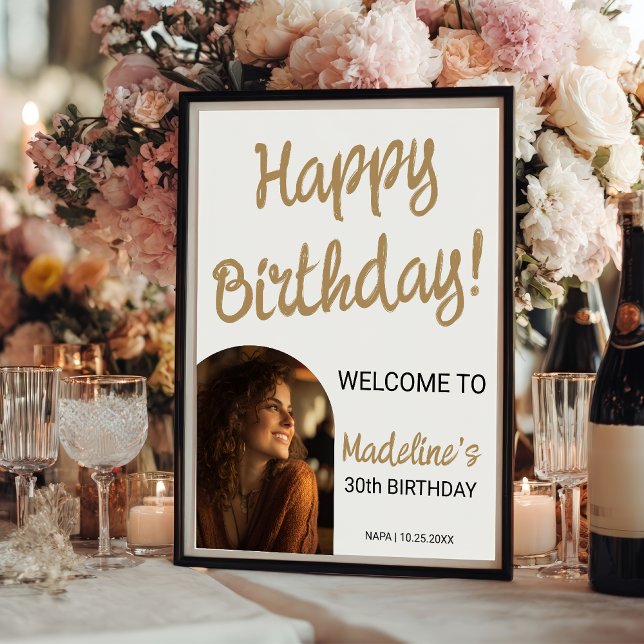 Poster Simple Joyeux anniversaire 30e Photo Gold Welcome (Simple Happy Birthday 30th Photo Gold Welcome Poster)