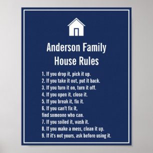 Poster Simple Modèle de règles de famille bleu foncé et b