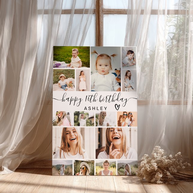 Poster Simple moderne Anniversaire 16 Grille photo Collag (Modern Simple Birthday 16 Photo Grid Collage Poster)