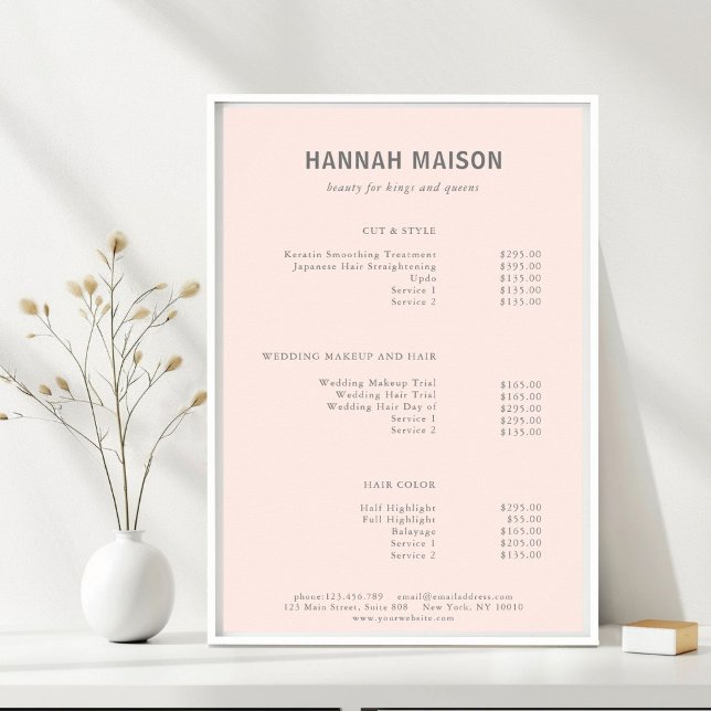 Poster Simple moderne, Professionnel, Salon, Tarifs (Modern, Simple, Professional, Salon, Light-Pink & Gray, Price List Poster, for Service Providers.)