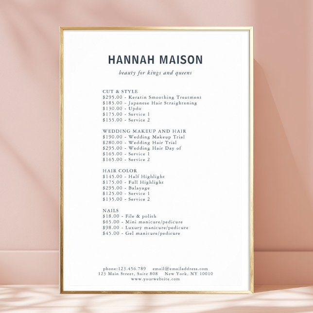 Poster Simple moderne, Professionnel, Salon, Tarifs (Modern Simpel, Professional, White & Blue, Salon, Price List Poster)