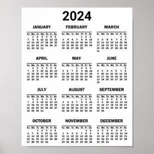 Poster Simple Noir & Blanc 2024 Année en bref Calendrier
